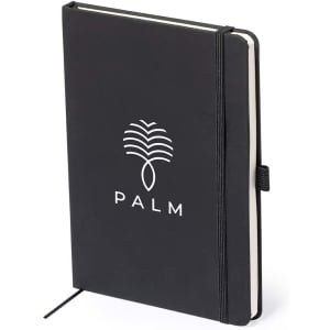 A black notepad with an elastic closure and a tree logo on the cover.