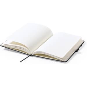 An open black notepad with blank, lined pages and a ribbon bookmark.