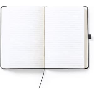 A black notepad with blank lined pages, featuring a ribbon bookmark and a spine with branding.