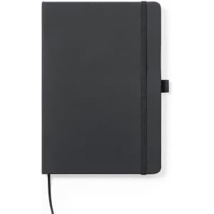 A black notepad with a flexible cover, elastic closure, and a ribbon bookmark, featuring a logo.