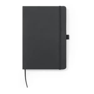 A black notepad featuring a strap and ribbon bookmark, with a logo on the cover.
