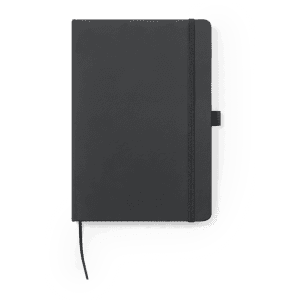 A black notepad with a ribbon bookmark and a secure closure, featuring a minimalist design.