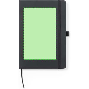 A black notepad with a green highlighted area on the cover. It features a ribbon bookmark and an elastic closure.