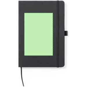 A black notepad featuring a green window design, with an elastic band and a ribbon bookmark.