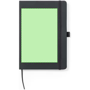 A black notepad with a green front cover and a stitched border, featuring an elastic band closure.