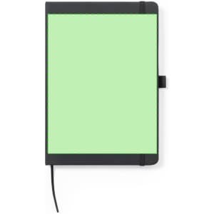 A notepad with a light green cover and black binding, featuring a logo on the front.