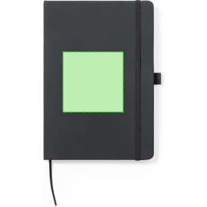 A black Xeria Notepad with a green square area on the front and an elastic band closure. Features a logo.