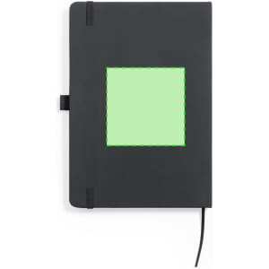 A black notepad with a square cutout on the front cover and an elastic band closure. It includes a logo.