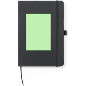 A black notepad featuring a green insert and an elastic closure. It includes a logo on the cover.