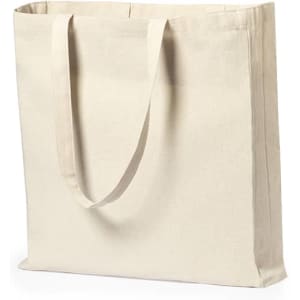 A beige tote bag with two handles and a simple design, featuring a logo on the side.