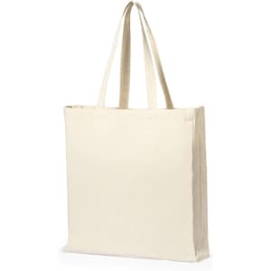 A plain cream tote bag with two handles and no visible branding.