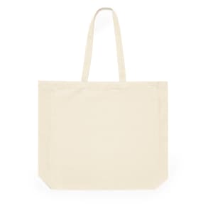 A cream-coloured tote bag with two handles and a simple design. It features a branding logo.