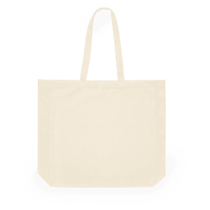 A cream tote bag with two handles and a simple design. The bag features a logo but no other text.