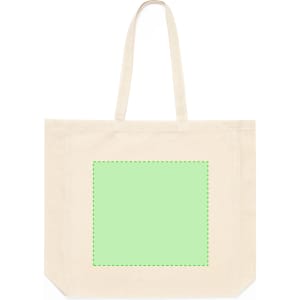 A cream tote bag with green dashed outline on one side. Features two long handles for easy carrying.