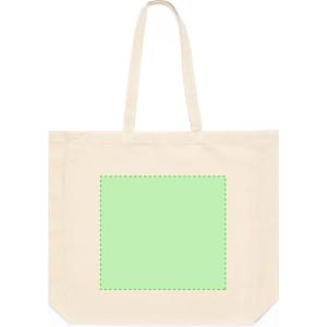 A cream tote bag with a large green square outline in the centre and two sturdy handles.