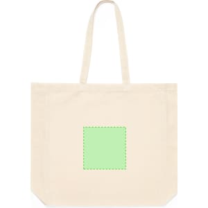 A cream-coloured tote bag with two handles and a square green area in the centre, featuring a logo.