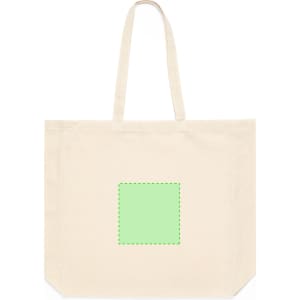 A large cream tote bag with two handles and a blank green square in the centre.