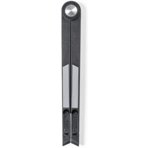 A black phone stand with silver accents, featuring adjustable arms and a circular base. Includes a logo.