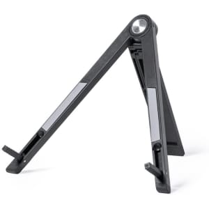 A black phone stand with adjustable angles, featuring a sleek design and a circular detail at the top.