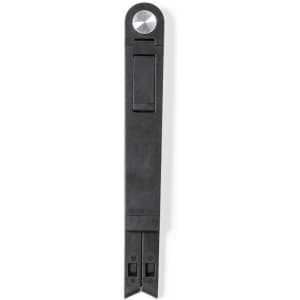 A black phone stand with a sleek design featuring a circular button and two adjustable sections at the base.