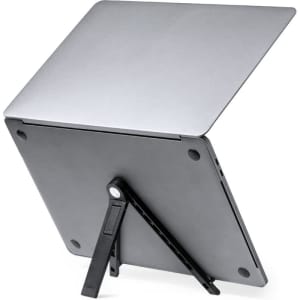 A silver laptop stand with a black adjustable base, designed for supporting notebooks or tablets.