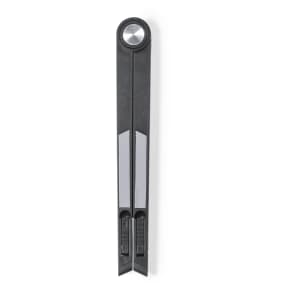 A black phone stand with a sleek design and a circular top, featuring sliding mechanisms for stability.