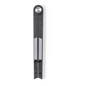 A phone holder in black and grey, featuring a sleek design with a round button at the top and two slots.