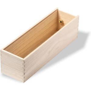 A rectangular wooden gift box with an open interior, featuring a natural wood finish and a decorative knob.