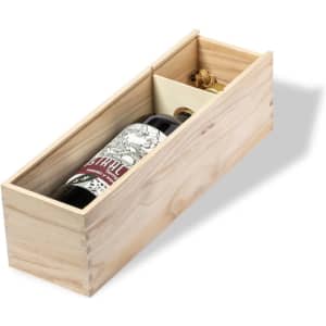 A wooden gift box containing a red wine bottle and a corkscrew, with a minimal design and natural finish.