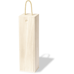 A tall, light wooden gift box with a carrying handle, designed for hampers.
