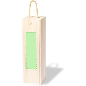 A wooden gift box with a natural finish and a rope handle, featuring a blank green panel for customisation.