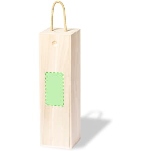 A wooden gift box with a rope handle, featuring a green placeholder area for customisation.