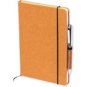 An orange notebook with a black elastic band, featuring a pen attached to the side.