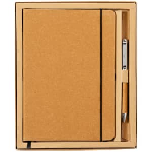 A brown notebook and pen set in a cardboard box, featuring a black elastic band.