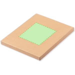 A brown cardboard notebook with a green square design on the front and a logo.