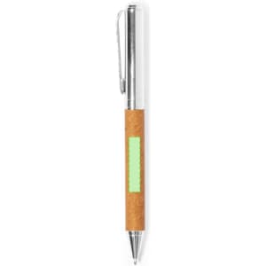 A silver pen with a cork grip and a green accent. The pen features a clip and a smooth writing tip.