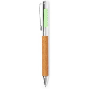A pen with a cork barrel and a green accent, featuring a silver clip and tip, displayed on a white background.