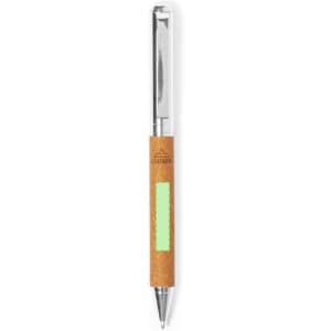 A pen with a cork barrel and silver accents, featuring a green section for easy grip.