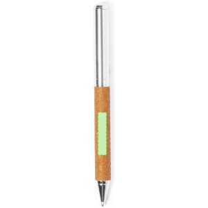 A pen with a chrome finish and a cork grip, featuring a green accent in the middle.