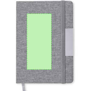 A grey notebook with a textured cover, featuring a blank rectangular area and a ribbon bookmark. It has a branding logo.
