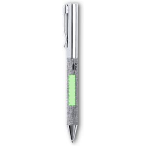A silver pen with a glittery body and a green section, featuring a clip at the top.