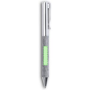 A silver pen with a textured grip and a clip, featuring a green accent and a logo.