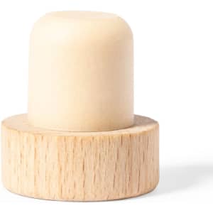 A drink bottle stopper made of smooth wood, featuring a rounded top and a flat base.