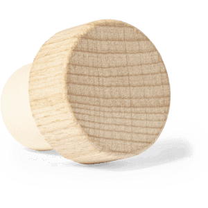 A drink bottle cap made of natural wood with a smooth finish and a rounded shape. Includes a branding logo.