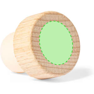 A drink bottle cap featuring a wooden finish with a green circle design in the centre.