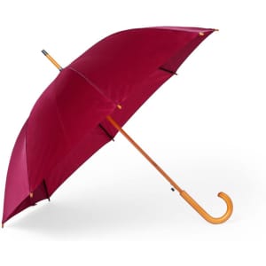 A maroon umbrella with a wooden handle. It features a curved handle and a single-colour canopy.