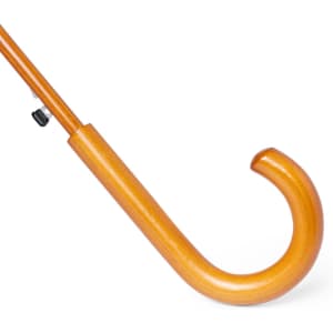 A brown umbrella handle with a curved grip, featuring a smooth finish and a locking mechanism.