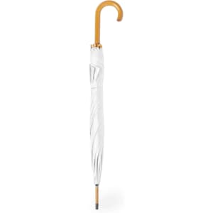A white umbrella with a wooden handle, featuring a sleek twisted design and a logo on the fabric.