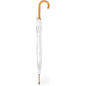 A white umbrella with a wooden handle, featuring a twisted design and a small logo on the fabric.