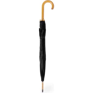 A black umbrella with a curved wooden handle, featuring a sleek, compact design and a logo on the fabric.
